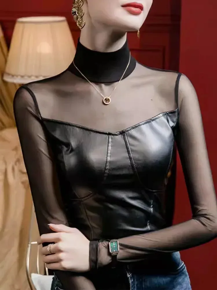 Trendy High Collar Mesh Leather Long-Sleeve