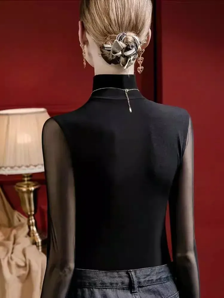 Trendy High Collar Mesh Leather Long-Sleeve