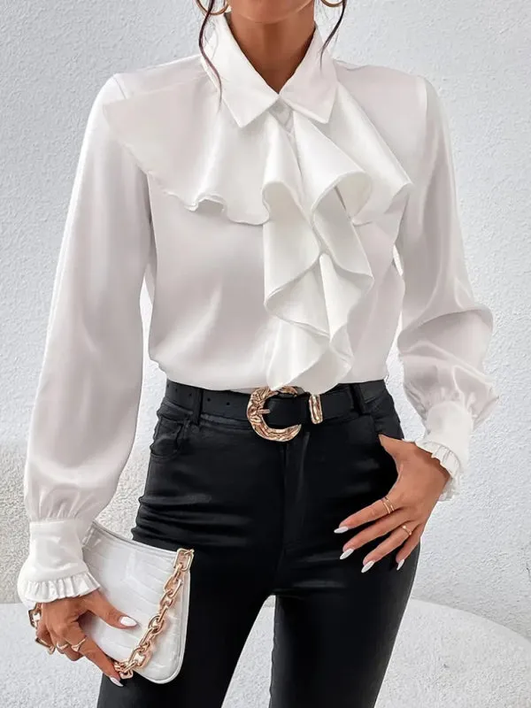Trendy Ruffle Blouse with Button-Up Closure