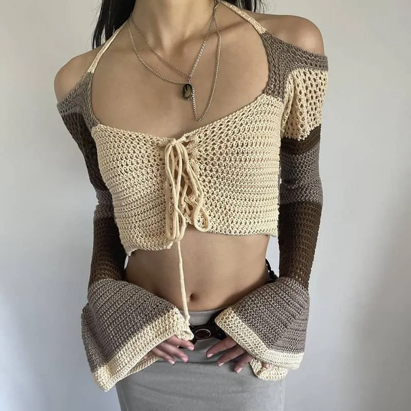 Women's color-block knitted square neck tie-up slim fit T-shirt