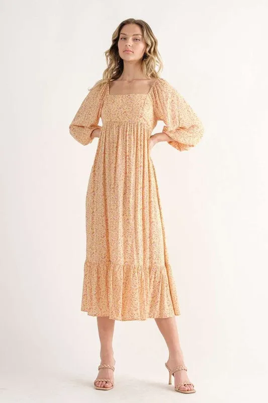 Yellow Midi Dress With Square Neck